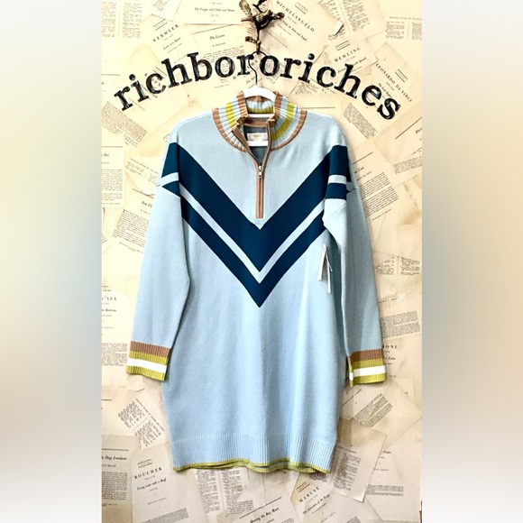 Anthropologie Maeve Varsity Half Zip Tunic Mini Sweater Dress Aqua Teal - Picture 3 of 7